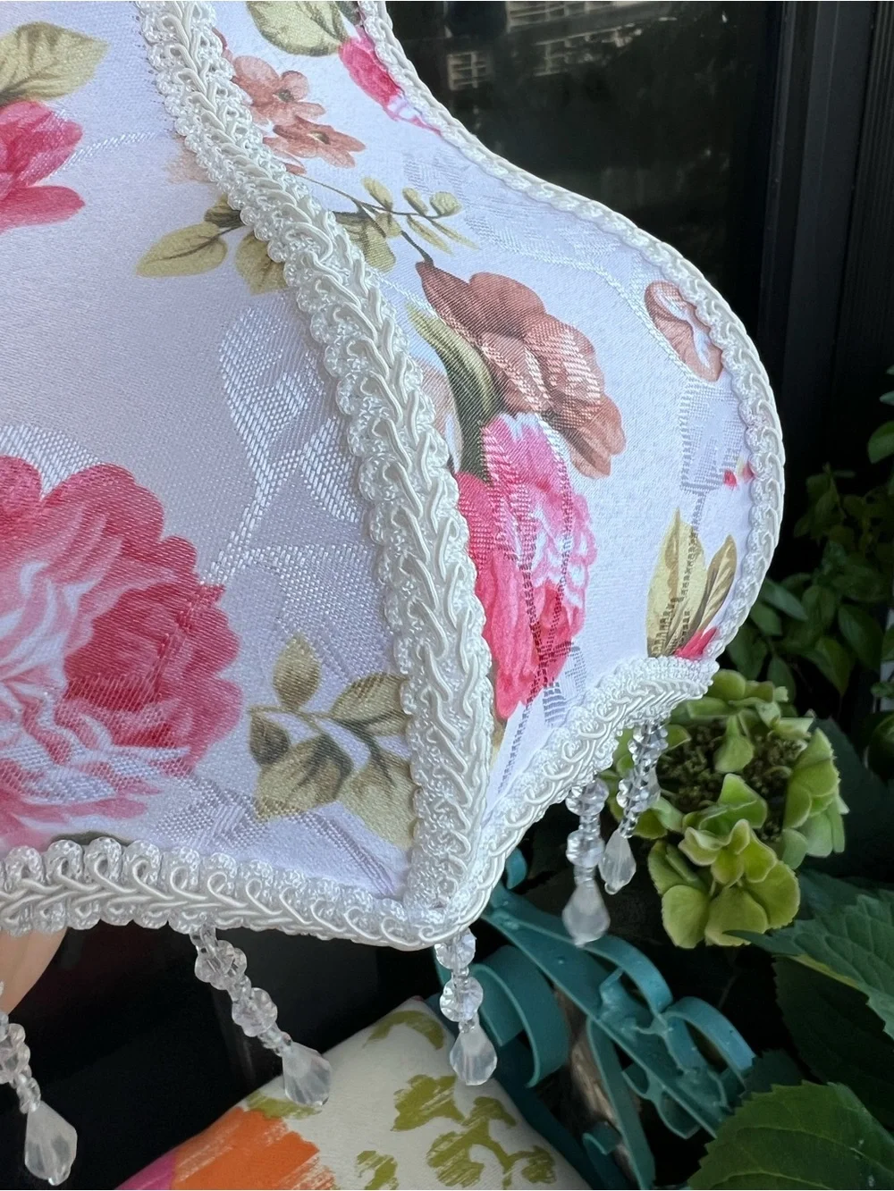 Floral Bell Lamp Shade Pink Rose Fabric Beaded Fringe Cottagecore Victorian